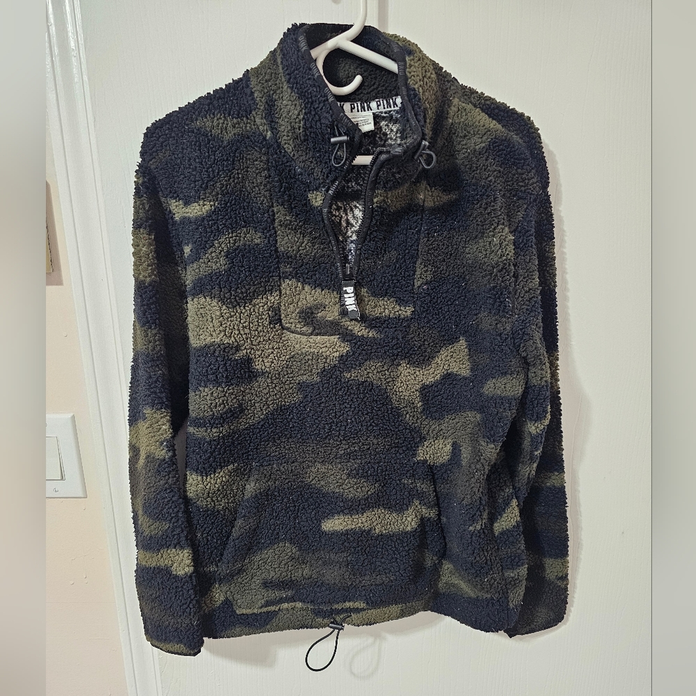 Womens PINK camo sherpa quarter zip